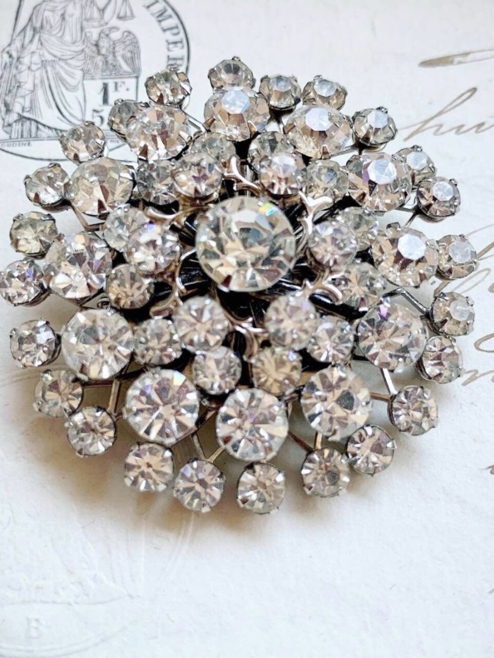 Vintage Rhinestone Starburst Brooch: Silver Holiday Pin -1950s - Picture 2 of 4